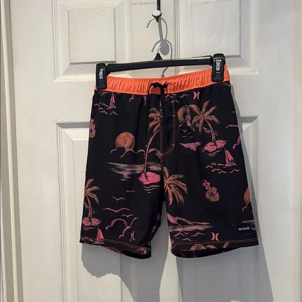 Hurley Black and Pink Board Shorts Tropical Design SZ 10/12 Neon orange and pink